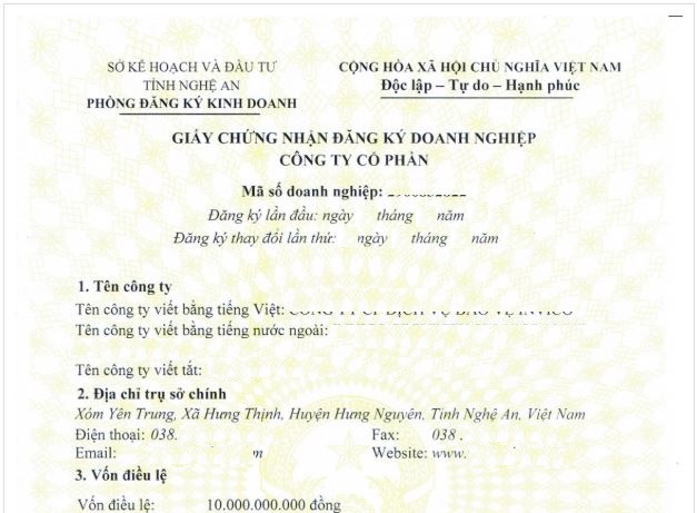 Giấy chứng nhận Đăng ký kinh doanh tỉnh Nghệ An